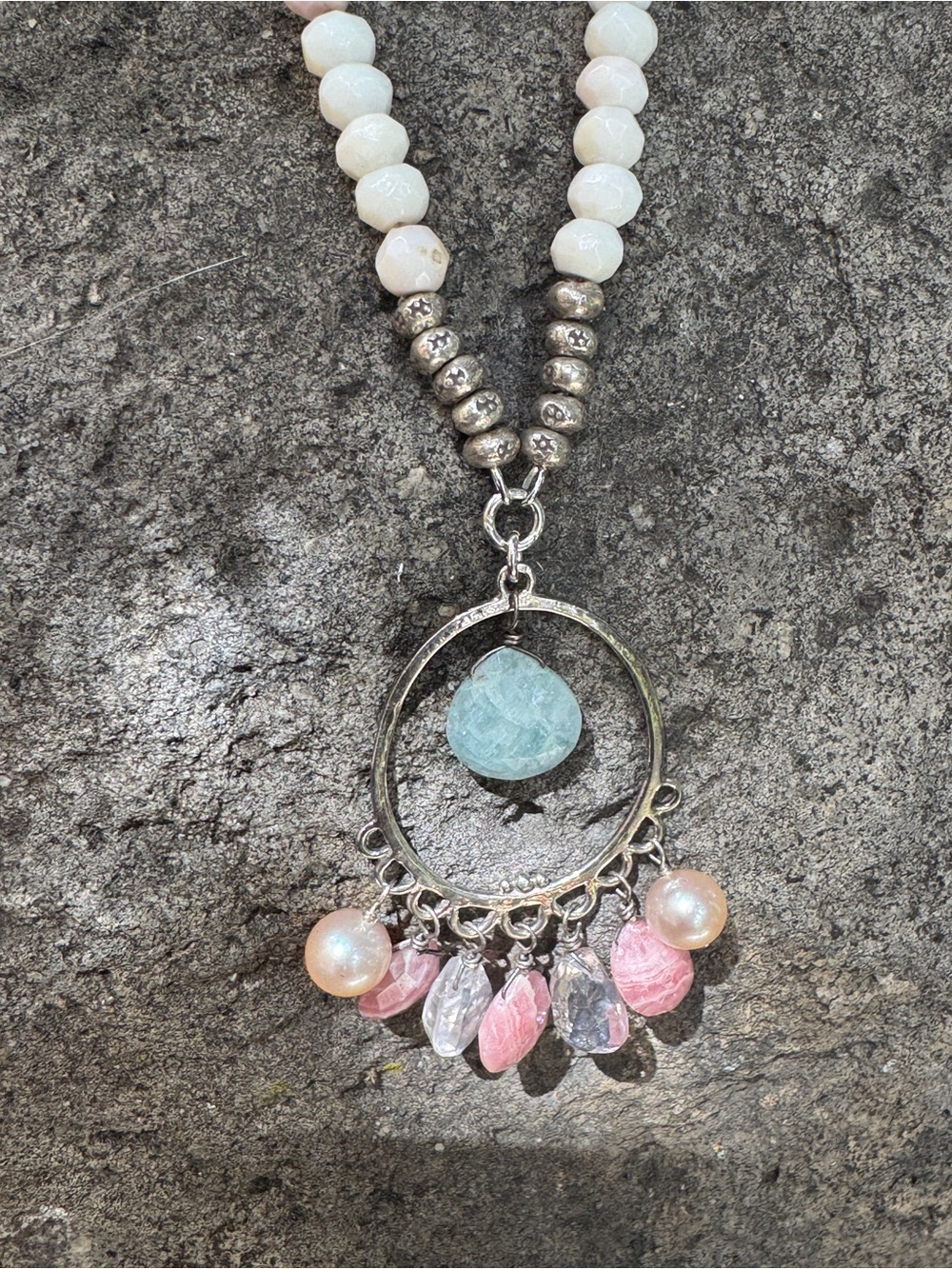 Sundance Pink, Aqua & Pearl Beaded Pendant Necklace